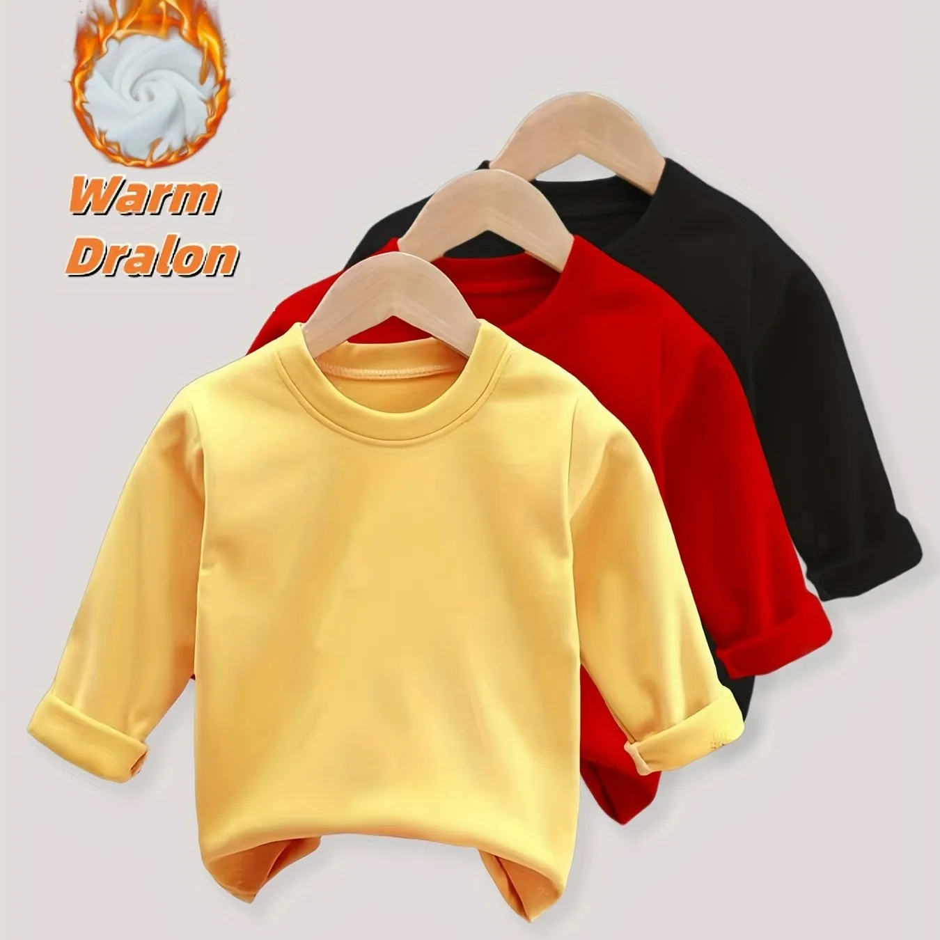 3-Pack Kids Warm Long Sleeve T-Shirts, Soft Stretchy Polyester, Regular Fit, Solid Color