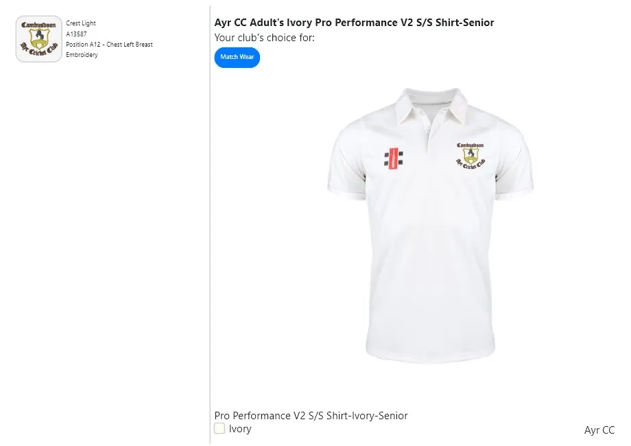 Ayr CC Adult's Ivory Pro Performance V2 S/S Shirt-Senior