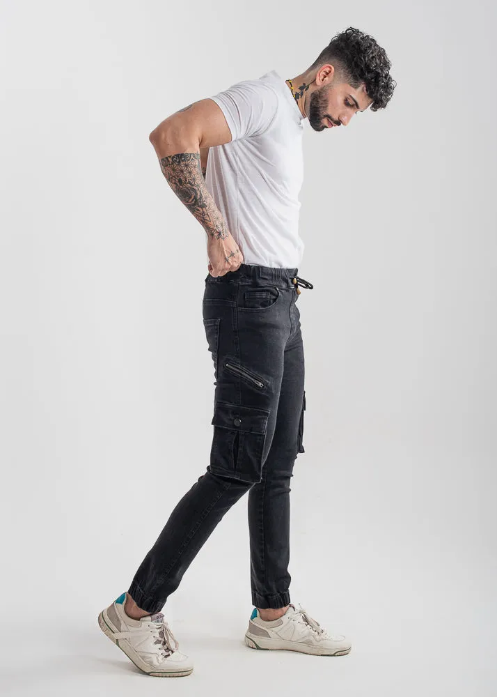 Black Cargo Denim Joggers