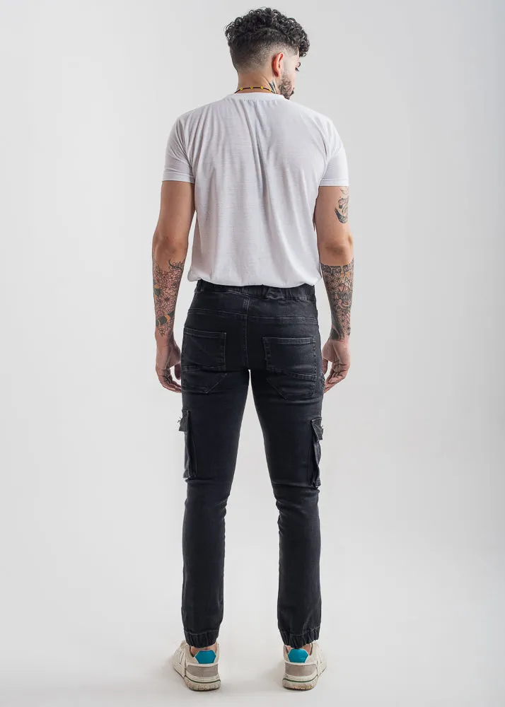 Black Cargo Denim Joggers