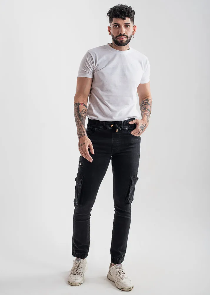 Black Cargo Denim Joggers