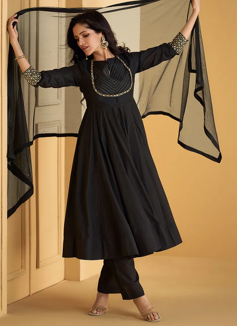 Black Embroidery Short Anarkali Pant Style Suit