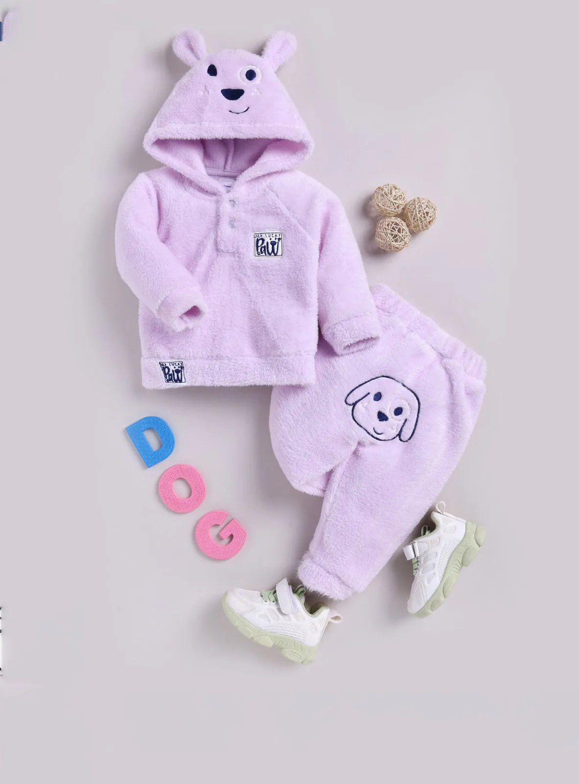 Cartoon Printed Hoodie with Joggers Set - Purple