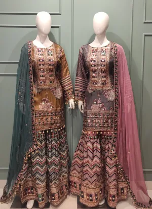 Crepe Sharara Suit With Digital Printing, Mirror Work, And Gotta