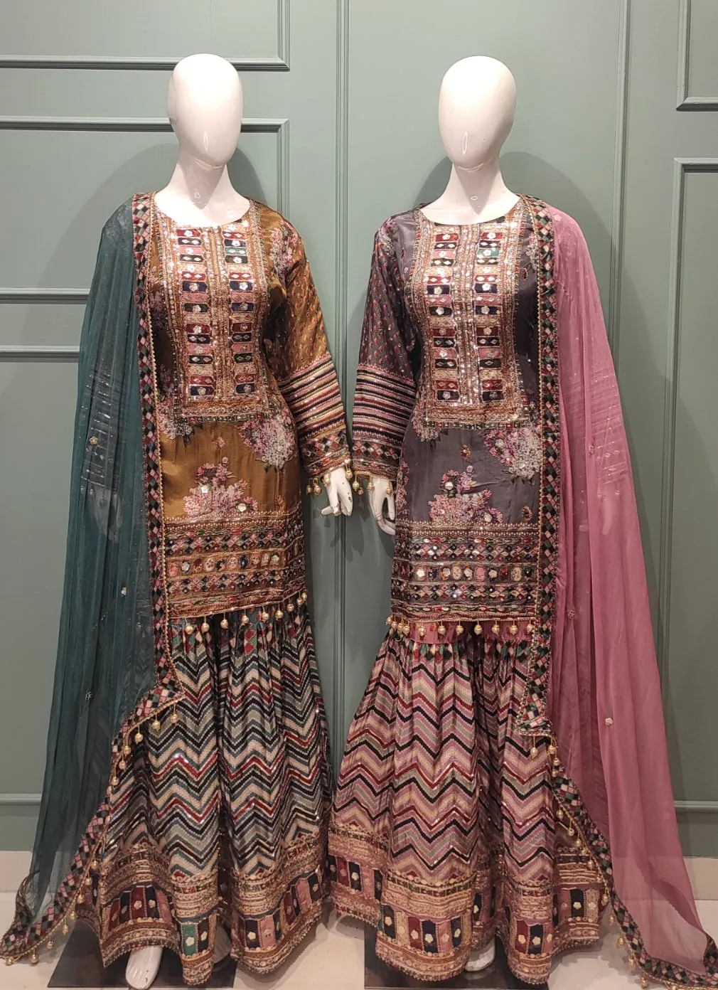 Crepe Sharara Suit With Digital Printing, Mirror Work, And Gotta