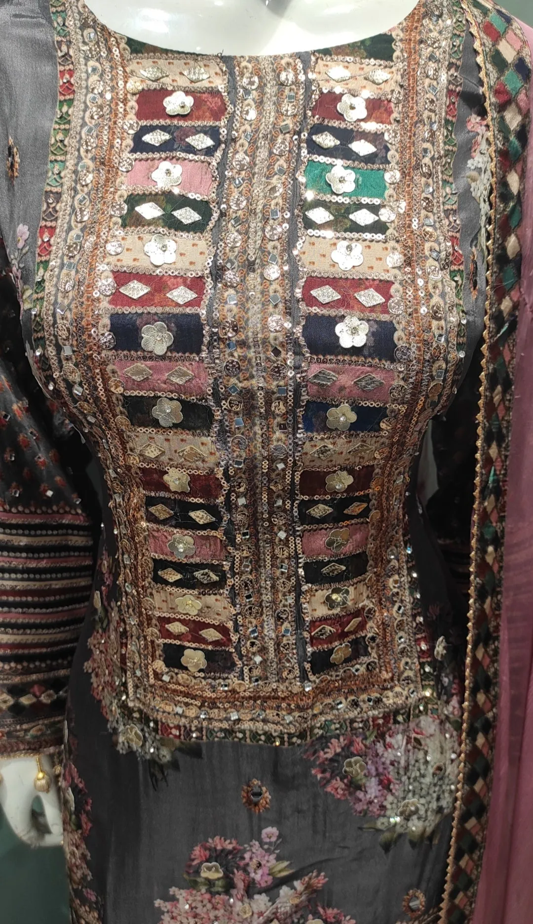 Crepe Sharara Suit With Digital Printing, Mirror Work, And Gotta