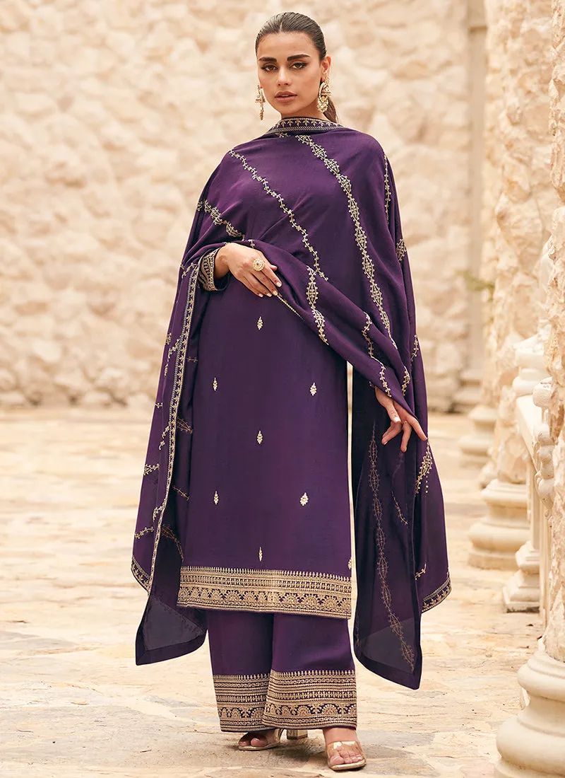 Deep Purple Traditional Embroidery Palazzo Style Suit