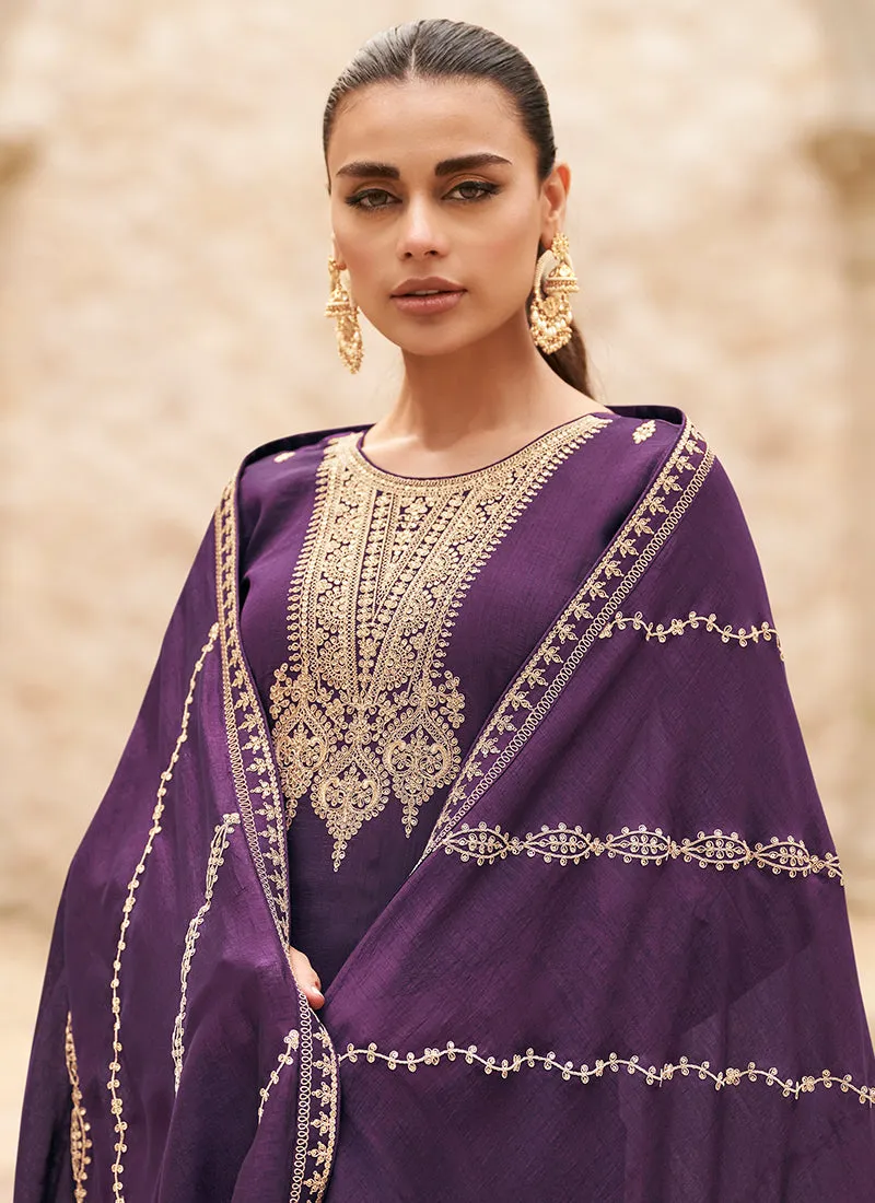 Deep Purple Traditional Embroidery Palazzo Style Suit