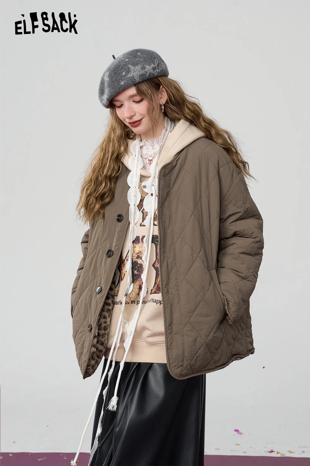 ELFSACK 2024 Winter New Arrivals Reversible Brown Leopard Print Plush Thickened Coat for Women