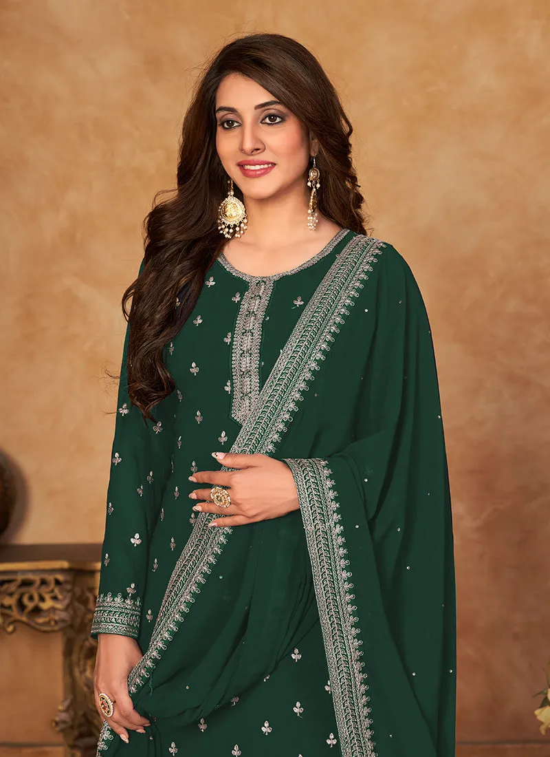 Green Embroidery Traditional Palazzo Suit