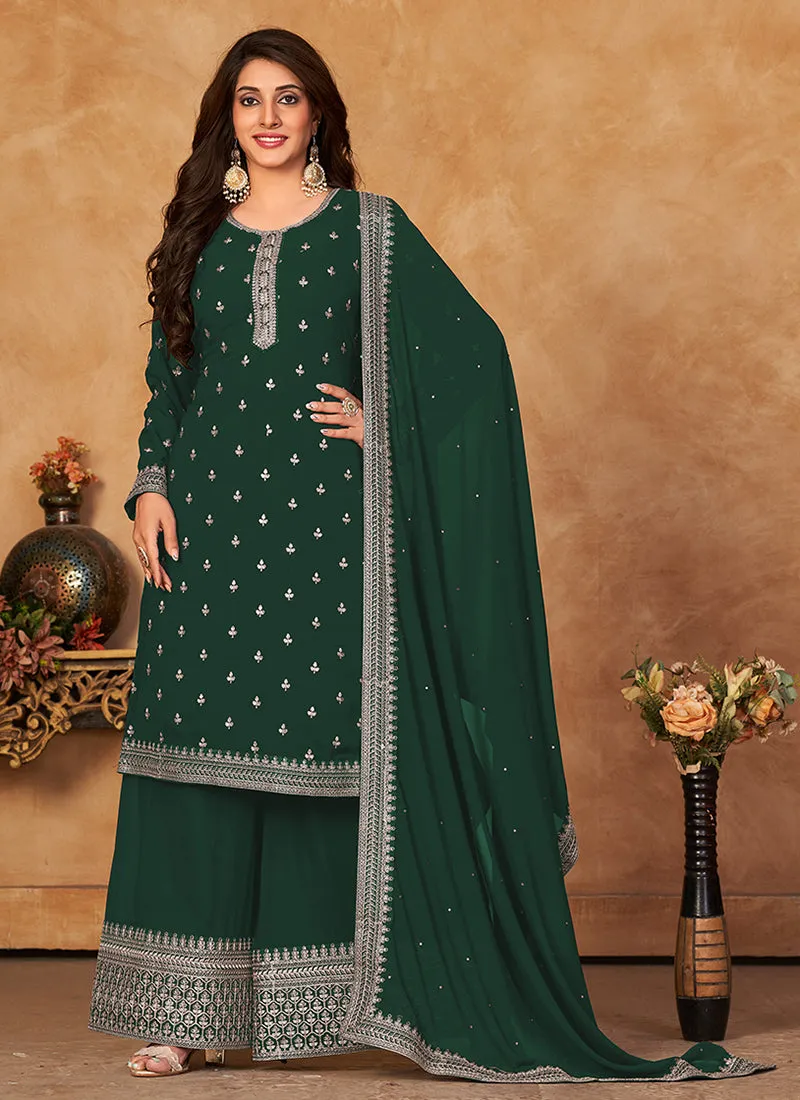 Green Embroidery Traditional Palazzo Suit