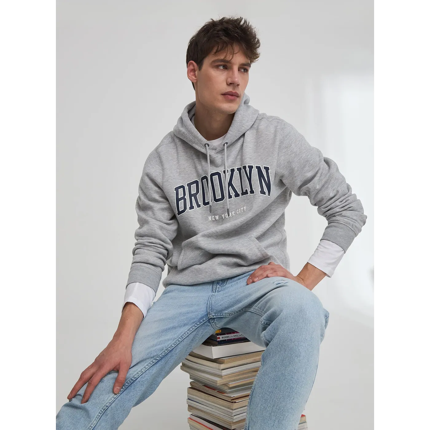 Grey Sports Print Hooded Sweatshirt