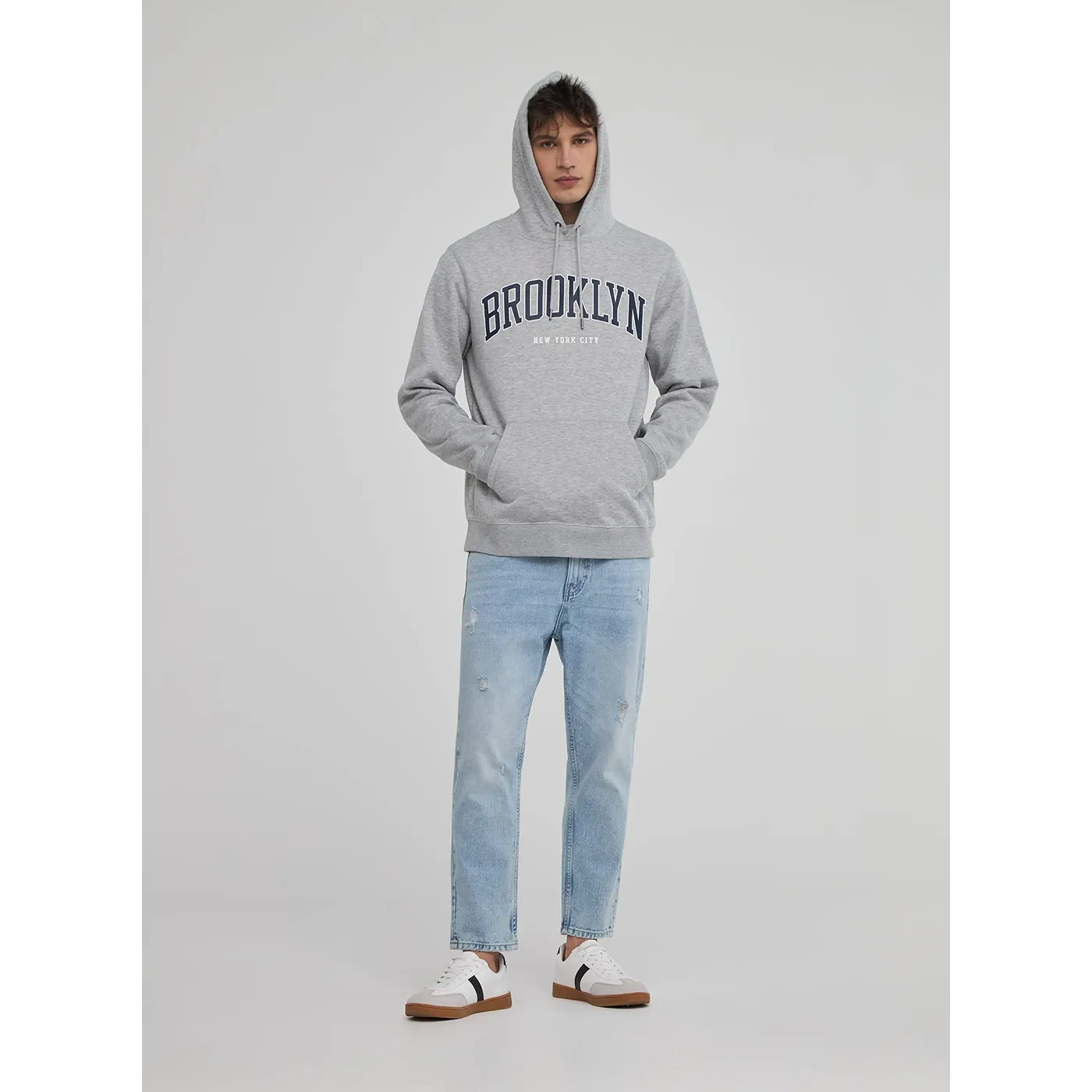 Grey Sports Print Hooded Sweatshirt