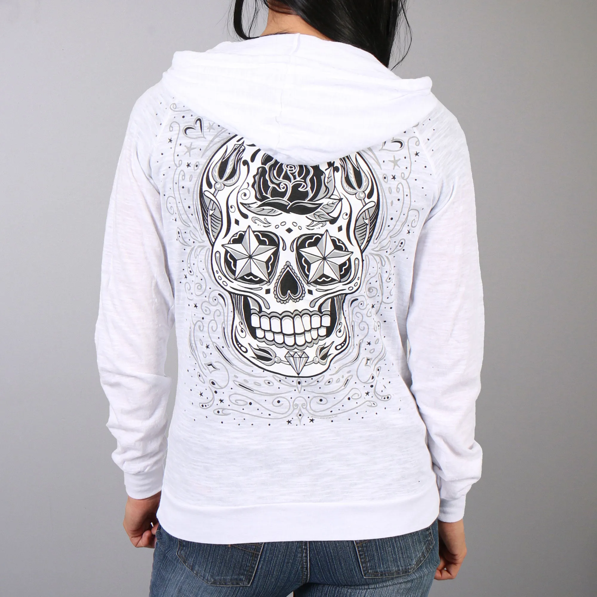 Hot Leathers GLZ4237 Ladies 'Sugar Skull' Lightweight Slubby Hooded White Hoodie