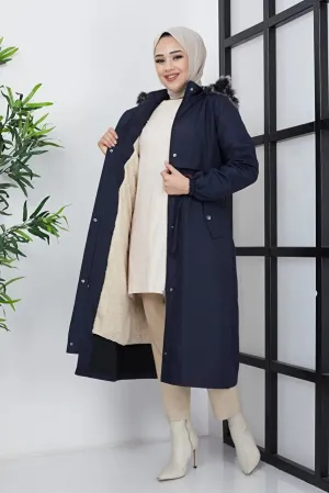 Imajbutik Women's Navy Blue Modest Hooded Fur Lined Drawstring Bondik Hijab Coat