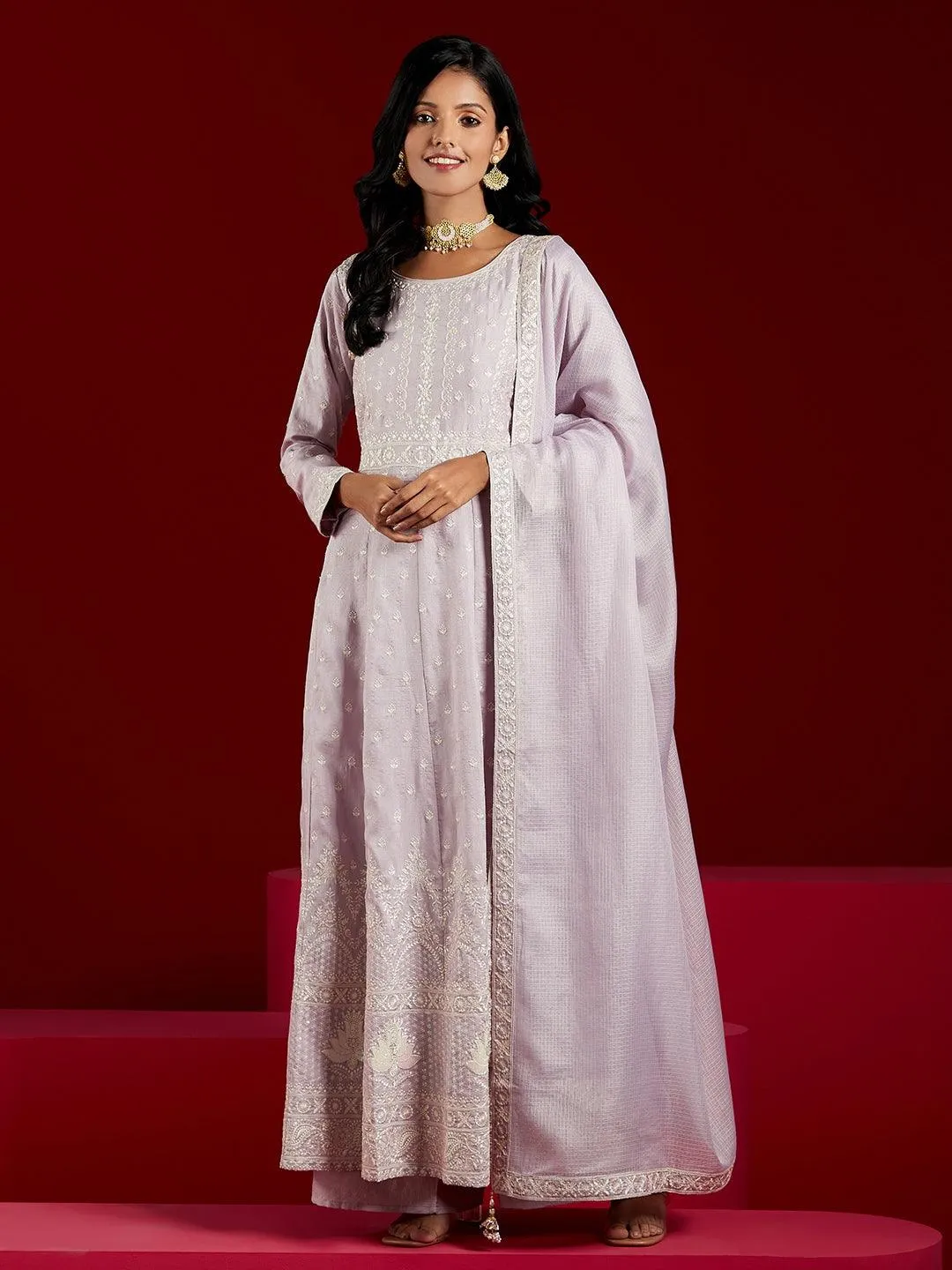 Jashvi Art Lilac Embroidered Silk A-Line Kurta With Palazzos & Dupatta