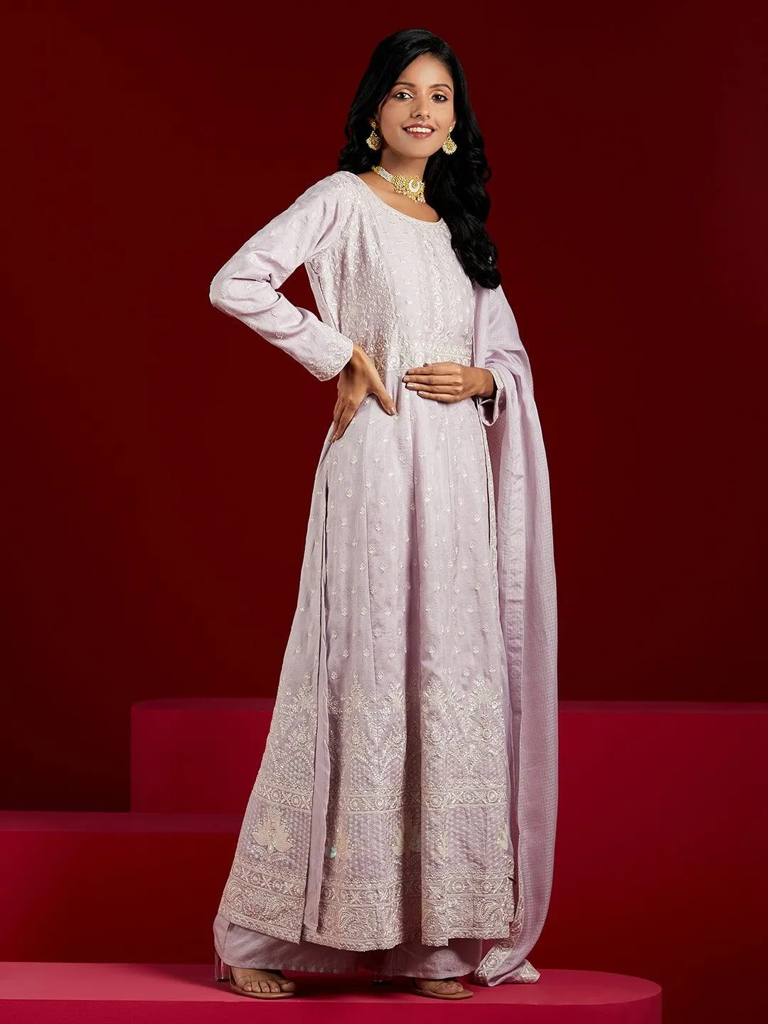 Jashvi Art Lilac Embroidered Silk A-Line Kurta With Palazzos & Dupatta