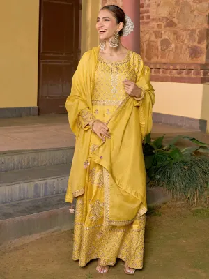 Jashvi Art Yellow Embroidered Silk A-Line Kurta With Trousers & Dupatta