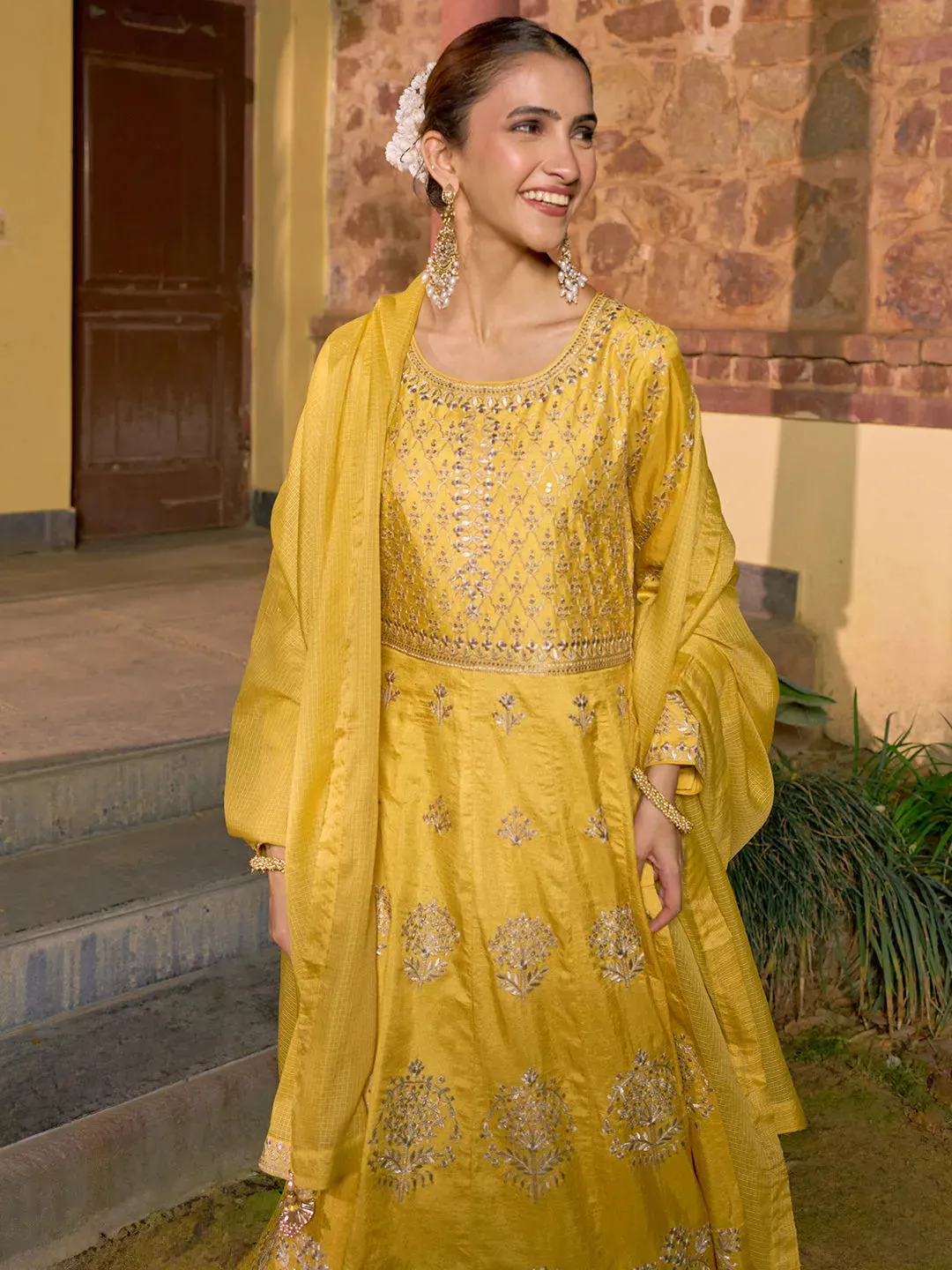 Jashvi Art Yellow Embroidered Silk A-Line Kurta With Trousers & Dupatta