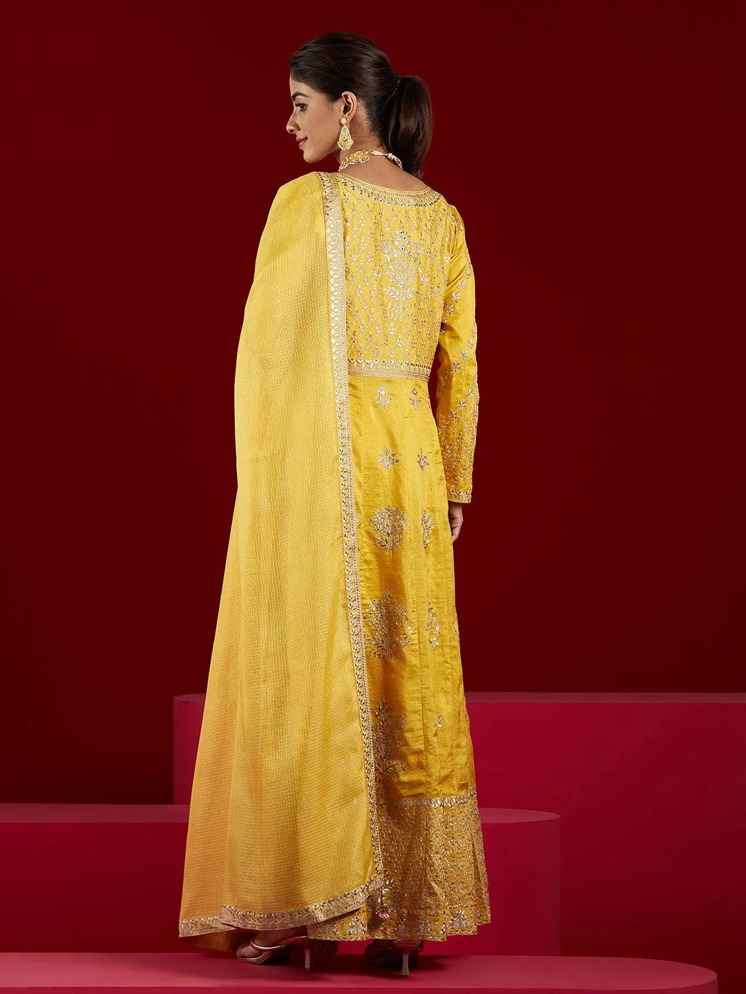 Jashvi Art Yellow Embroidered Silk A-Line Kurta With Trousers & Dupatta