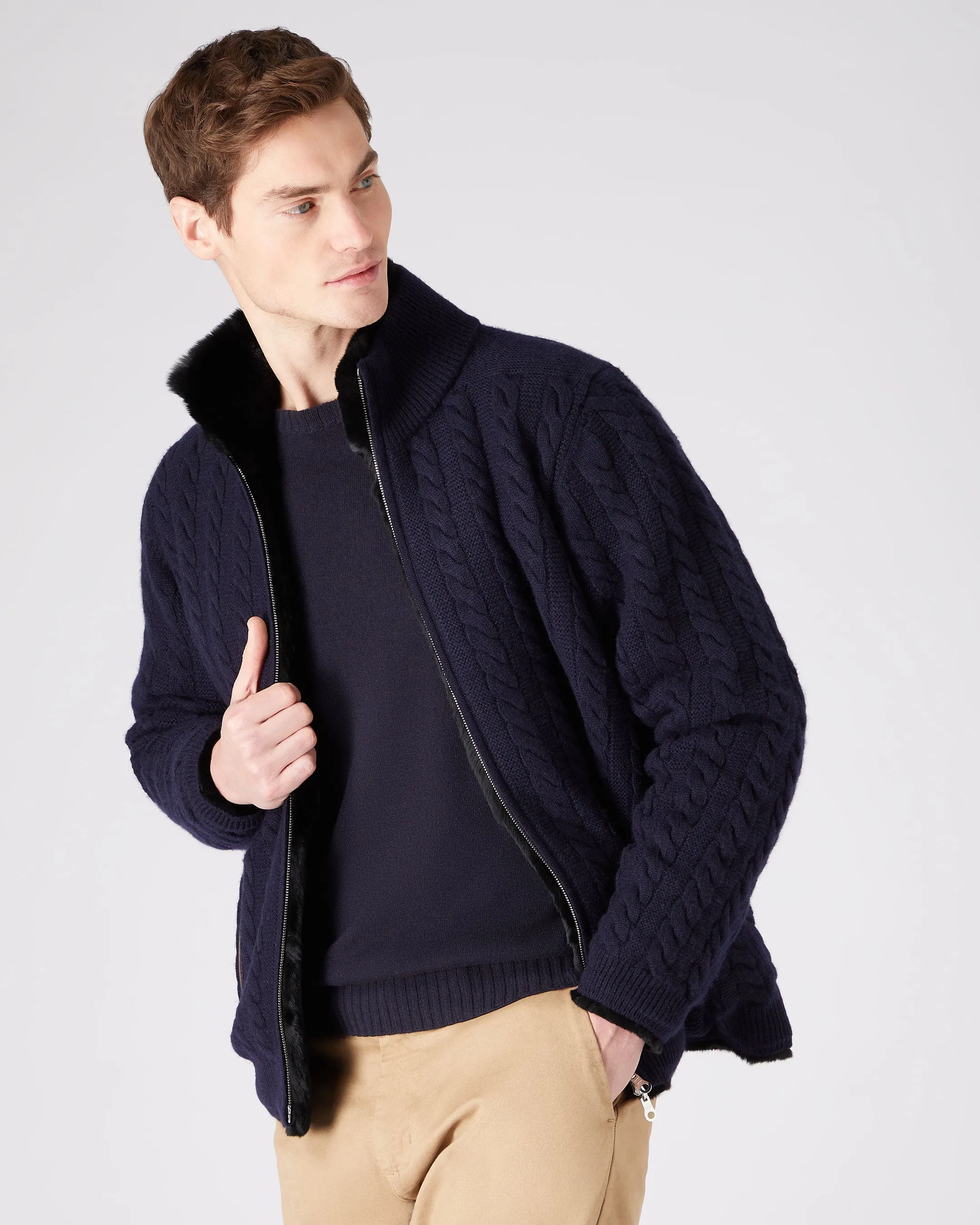 Men's Aspen Cashmere Cable Fur Cardigan Navy Blue