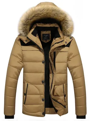 Men's Panel Parka Faux Fur Hoodie  Coat Warm Outwear