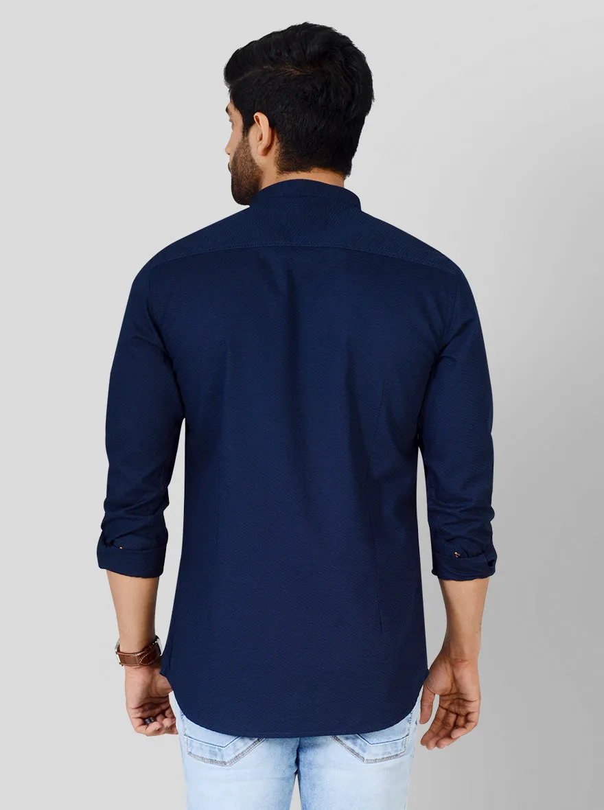 Navy Blue Self Textured Slim Fit Casual Shirt | JadeBlue