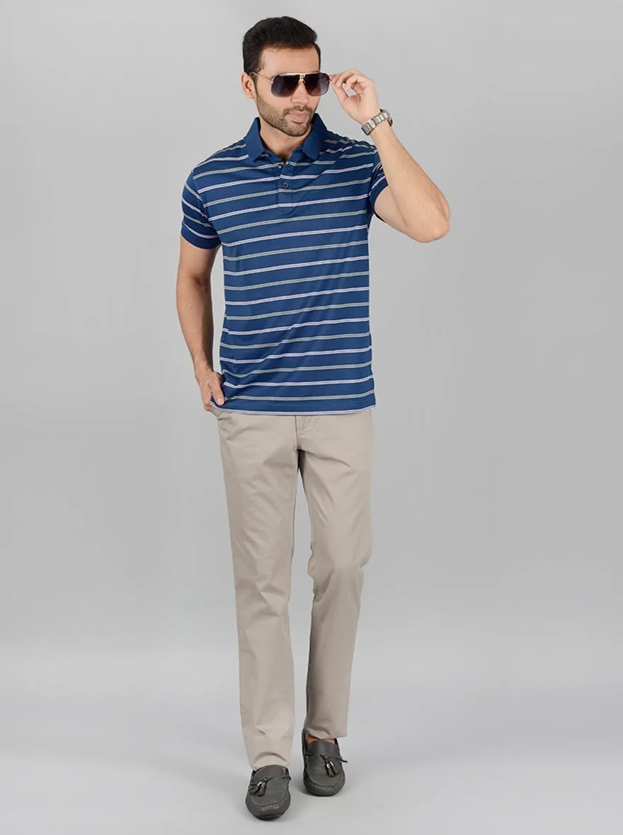 Navy Blue Striped Slim Fit Polo T-Shirt | JadeBlue