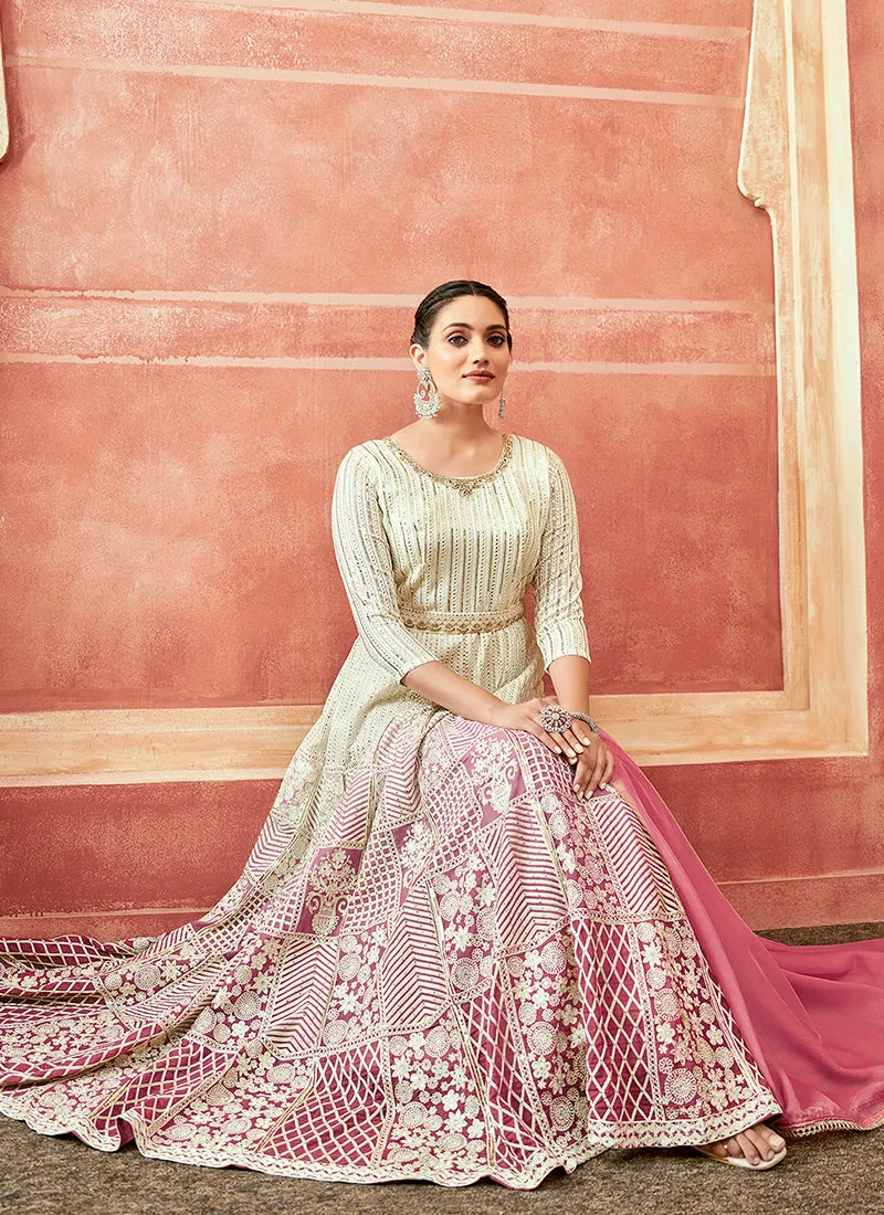 Off White And Pink Designer Embroidery Anarkali Suit