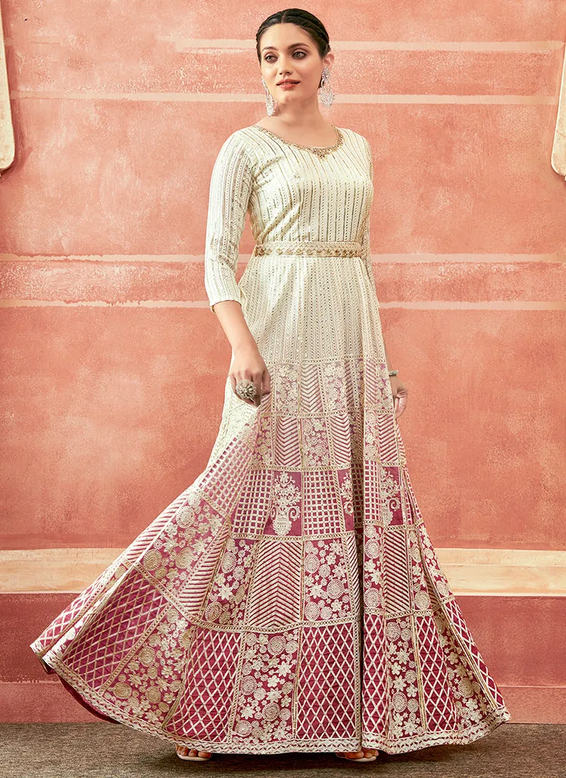 Off White And Pink Designer Embroidery Anarkali Suit