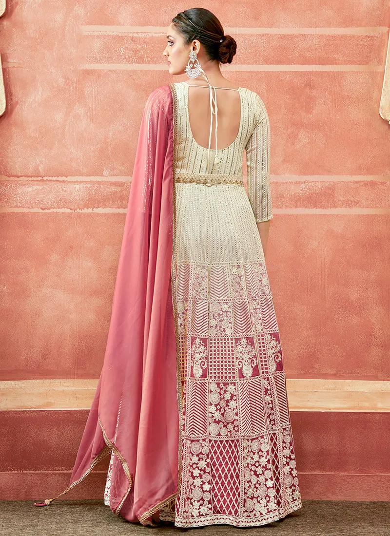 Off White And Pink Designer Embroidery Anarkali Suit