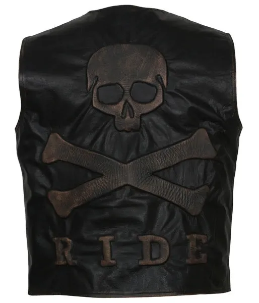 Purchase Men's Skull and Crossbones Black Leather Motorcycle Vest For Sale