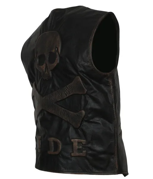 Purchase Men's Skull and Crossbones Black Leather Motorcycle Vest For Sale