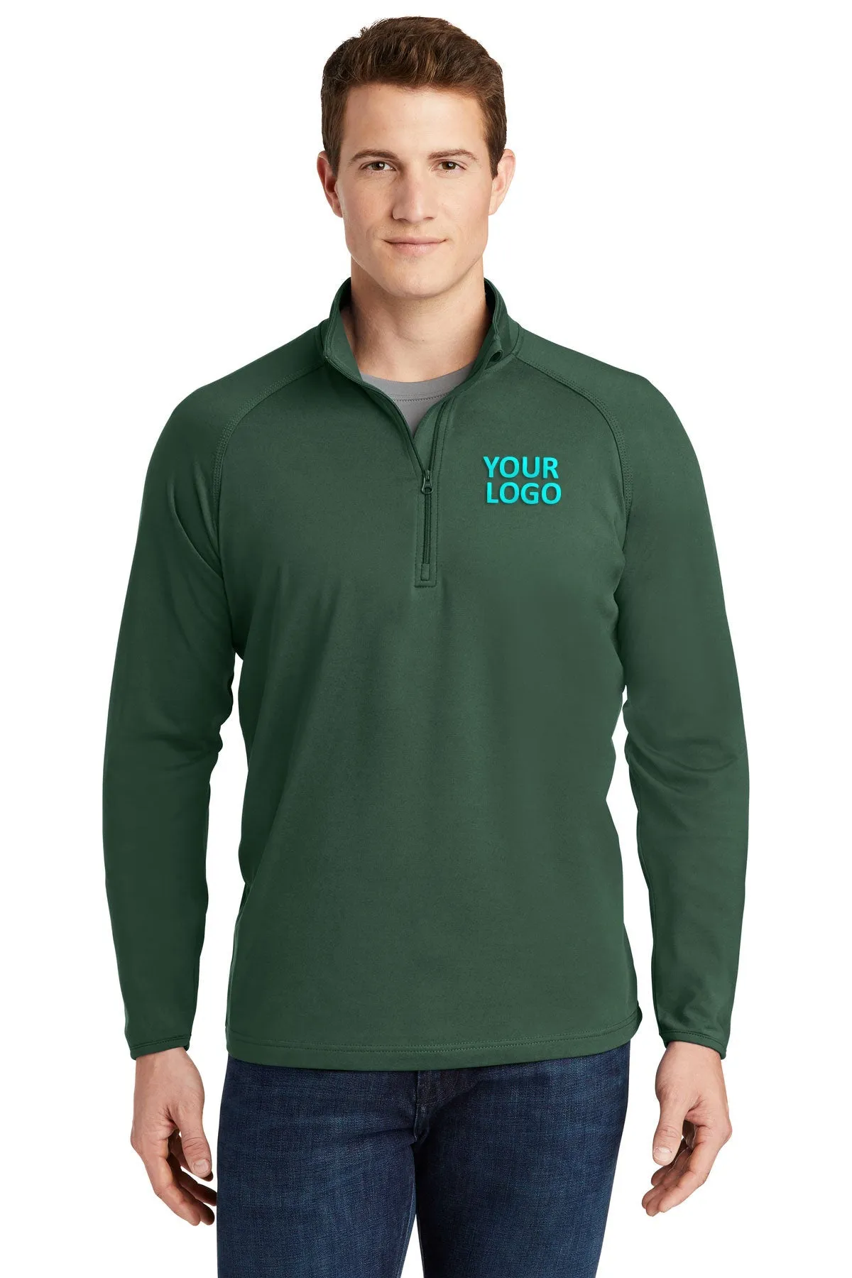 Sport-Tek Sport-Wick Stretch Branded 1/2-Zip Pullovers, Forest Green