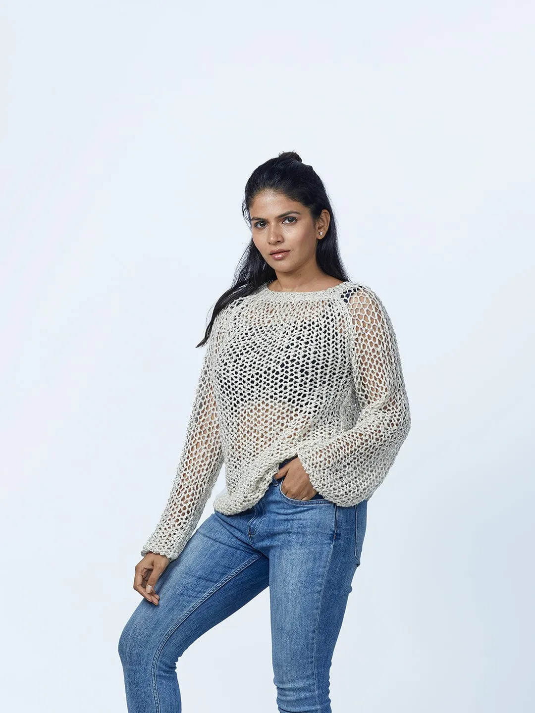 White Jaali Hemp Cotton Sweater