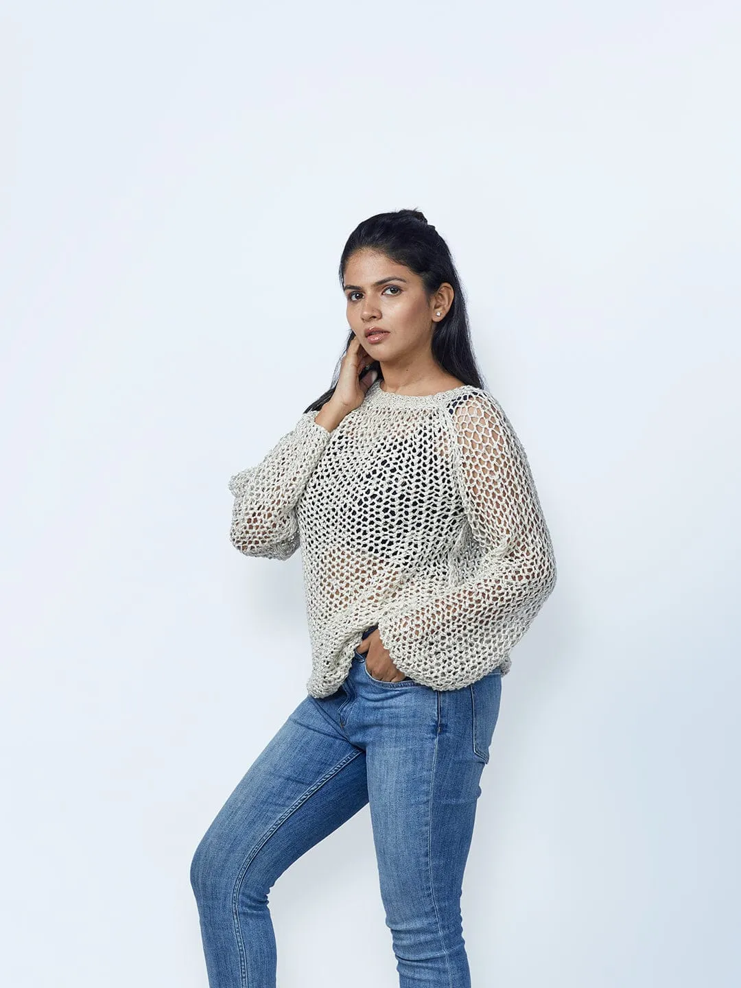 White Jaali Hemp Cotton Sweater