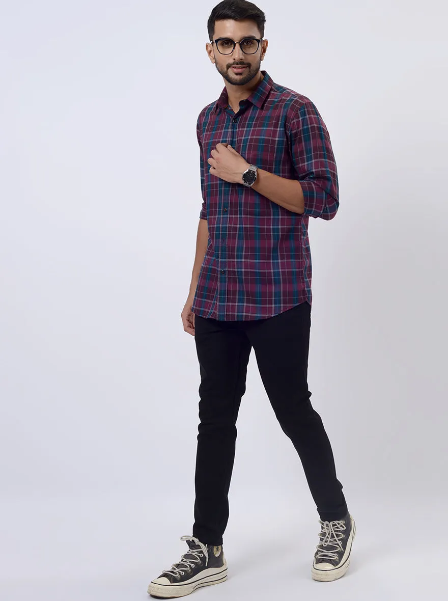 Wine Checked Slim Fit Casual Shirt | JadeBlue