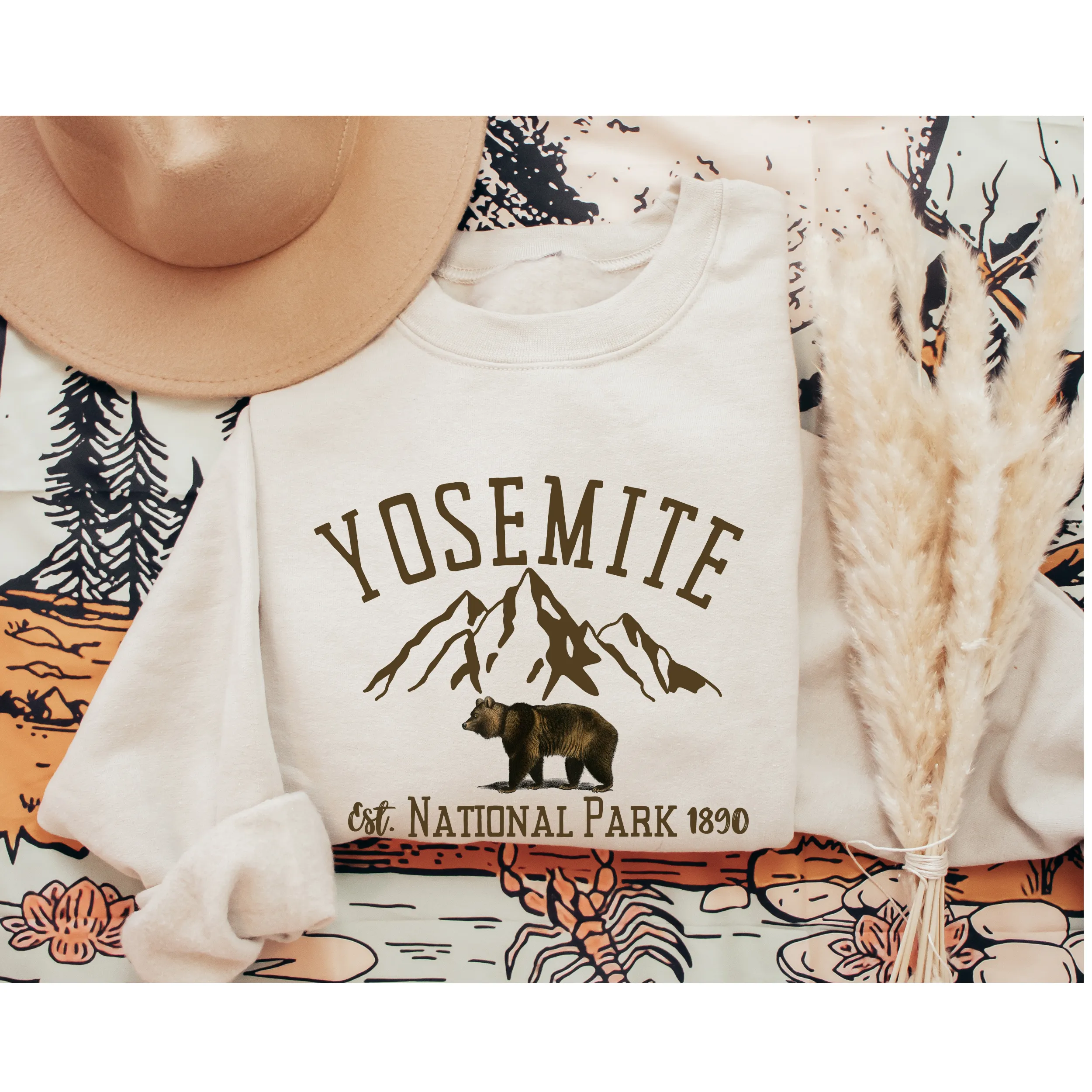 Yosemite National Park Winter Crewneck Sweatshirt Women's Soft, Cozy Pullover in Ash or White Watercolor Bear Design