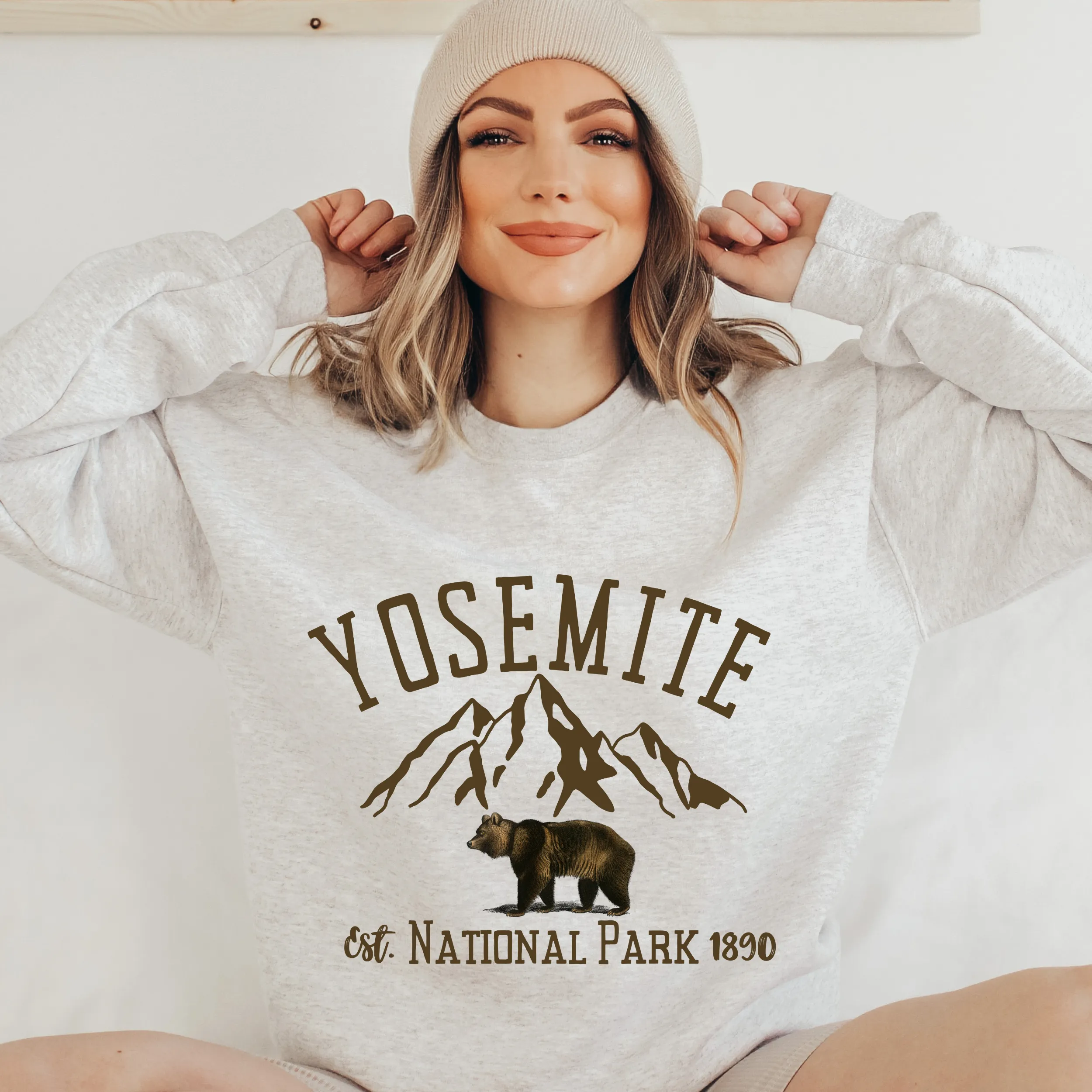 Yosemite National Park Winter Crewneck Sweatshirt Women's Soft, Cozy Pullover in Ash or White Watercolor Bear Design